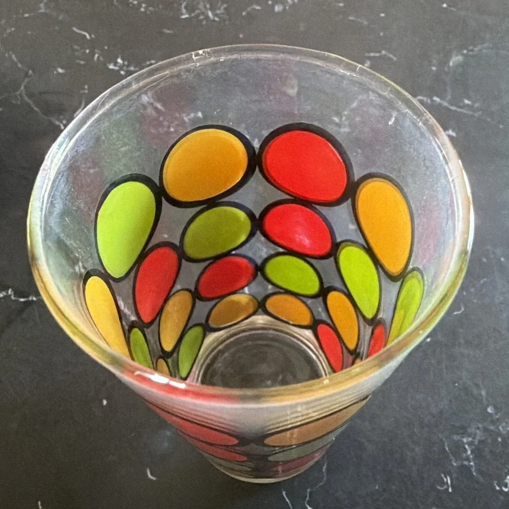 Vintage Set of 4 Mid Century Modern Retro Glasses Red Yellow Green Polka Dot 70s